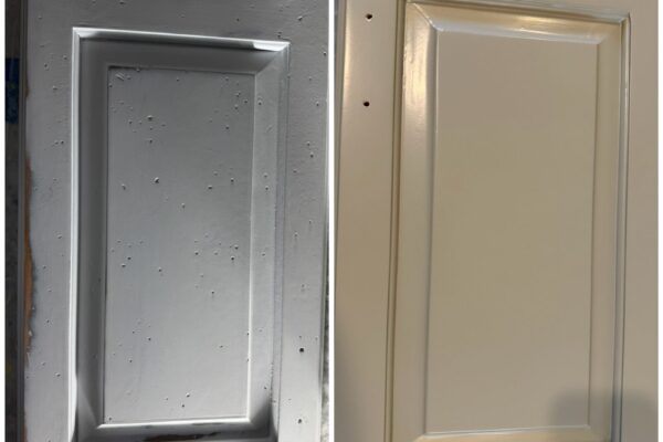 Kitchen cabinet door before and after painting - old chipped finish refinished to a smooth cream Renner coating