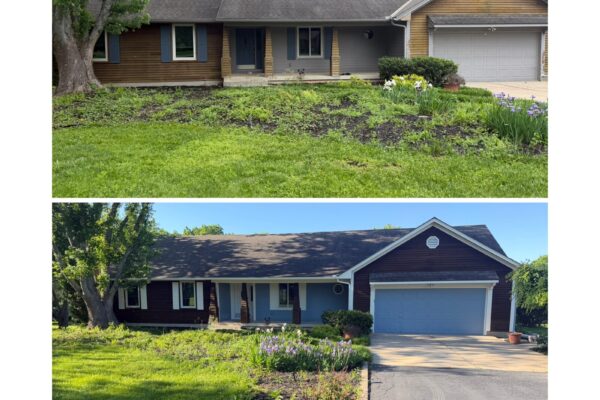 Ranch home exterior before and after painting - tan siding repainted dark brown with blue accents