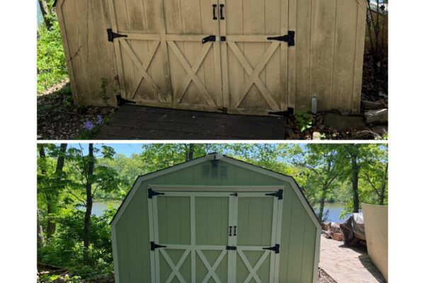Storage shed before and after repainting - weathered tan siding refinished sage green with white trim